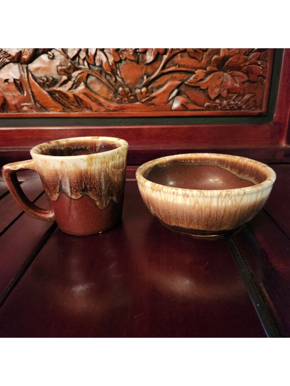 1960's McCoy Kathy Kale USA Pottery Lava Brown Drip Glaze Bowl & Coffee Mug